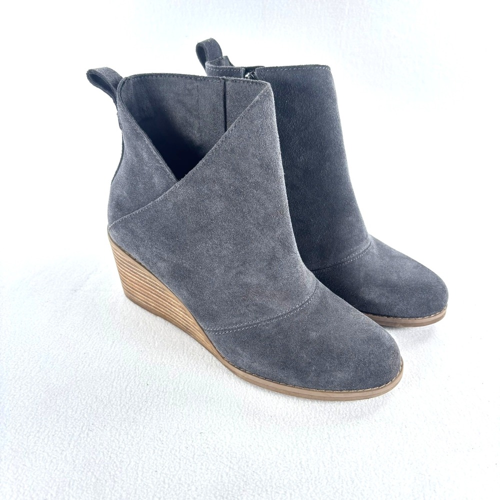 TOMS Ankle Boots Suede Wedge‎ Zip Womens Shoes 0020265 Gray SZ 6.5 Casual Comfy